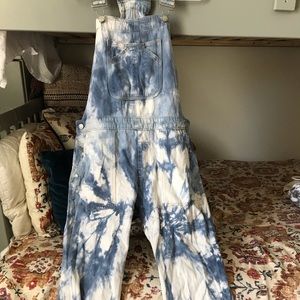 tie-dyed denim overalls